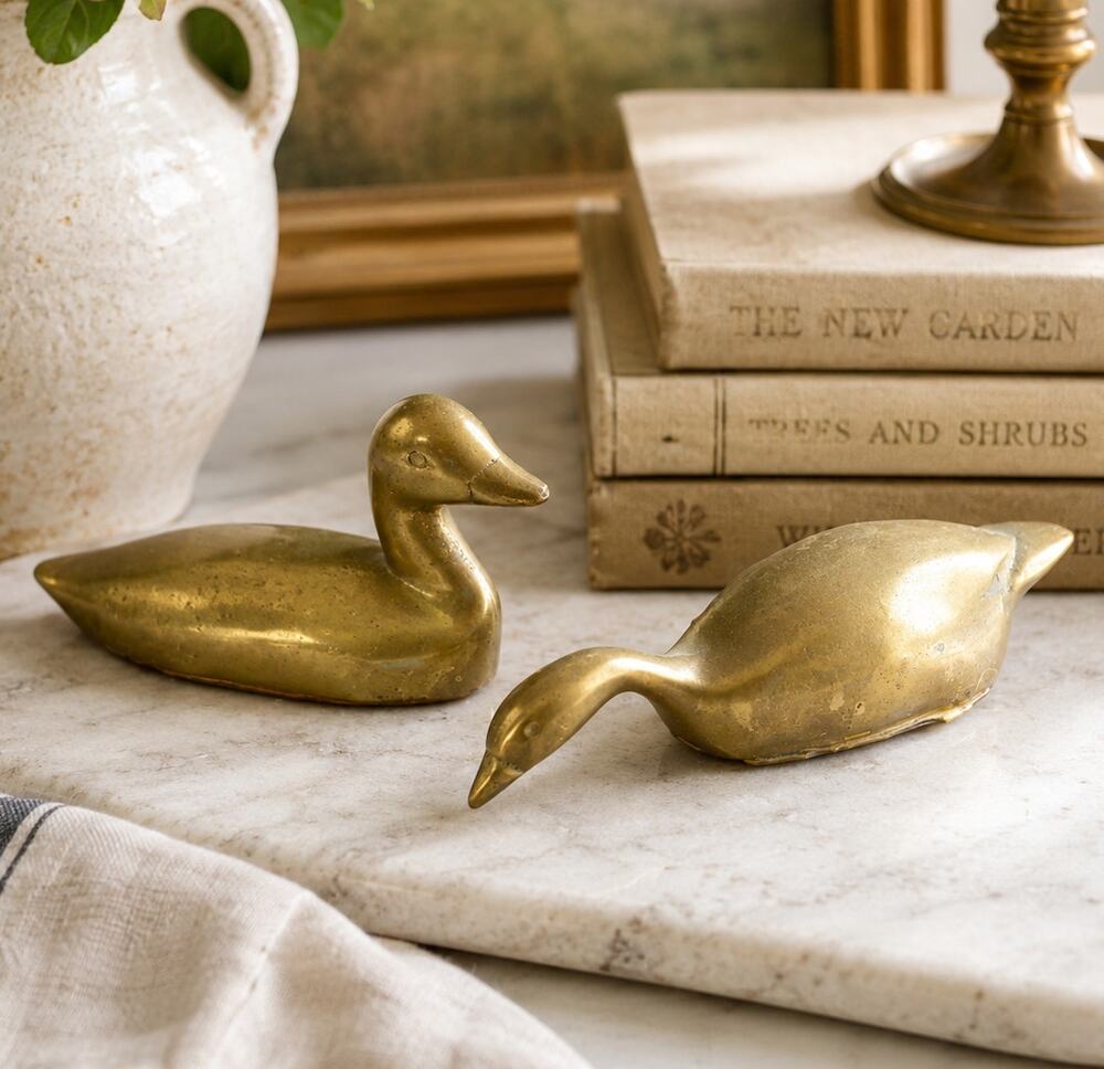 Vintage Solid Brass Duck & Goose Figurines Pair Miniature Waterfowl Birds
